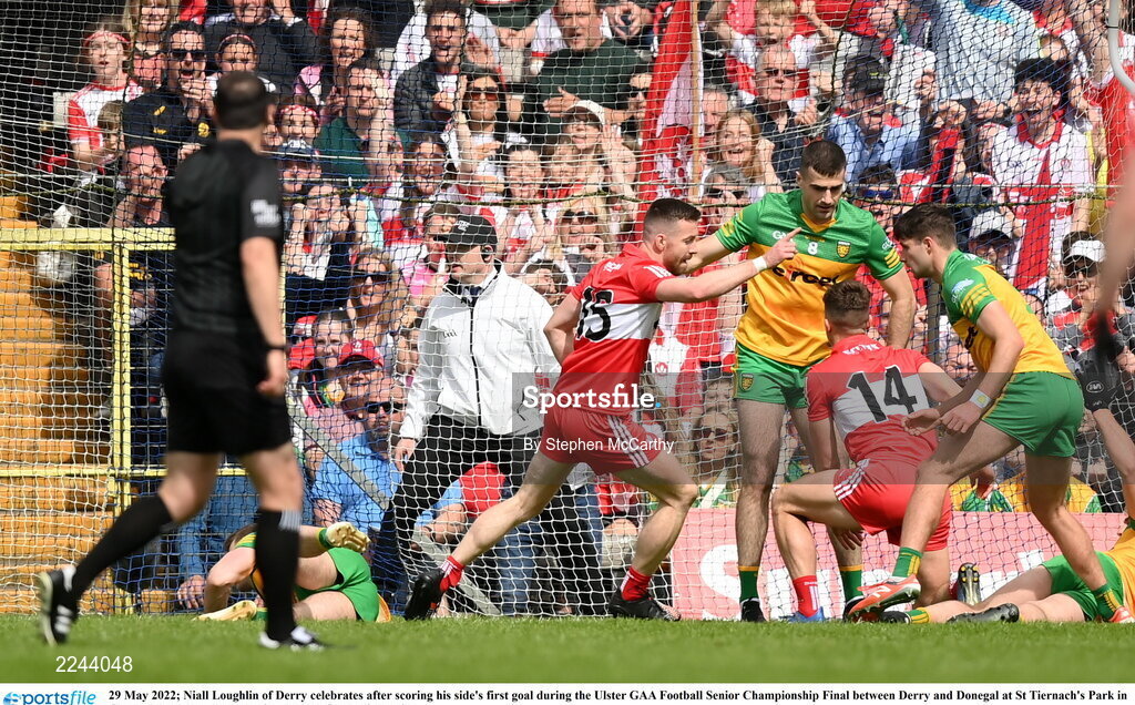 29 May 2022; Niall Loughlin of Derry celebrates after scoring his side's first goal during the Ulster GAA Football Senior Championship Final between Derry and Donegal at St Tiernach's Park in Clones, Monaghan. Photo by Stephen McCarthy/Sportsfile