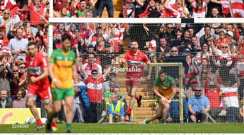 29 May 2022; Niall Loughlin of Derry celebrates after scoring his side's first goal during the Ulster GAA Football Senior Championship Final between Derry and Donegal at St Tiernach's Park in Clones, Monaghan. Photo by Stephen McCarthy/Sportsfile