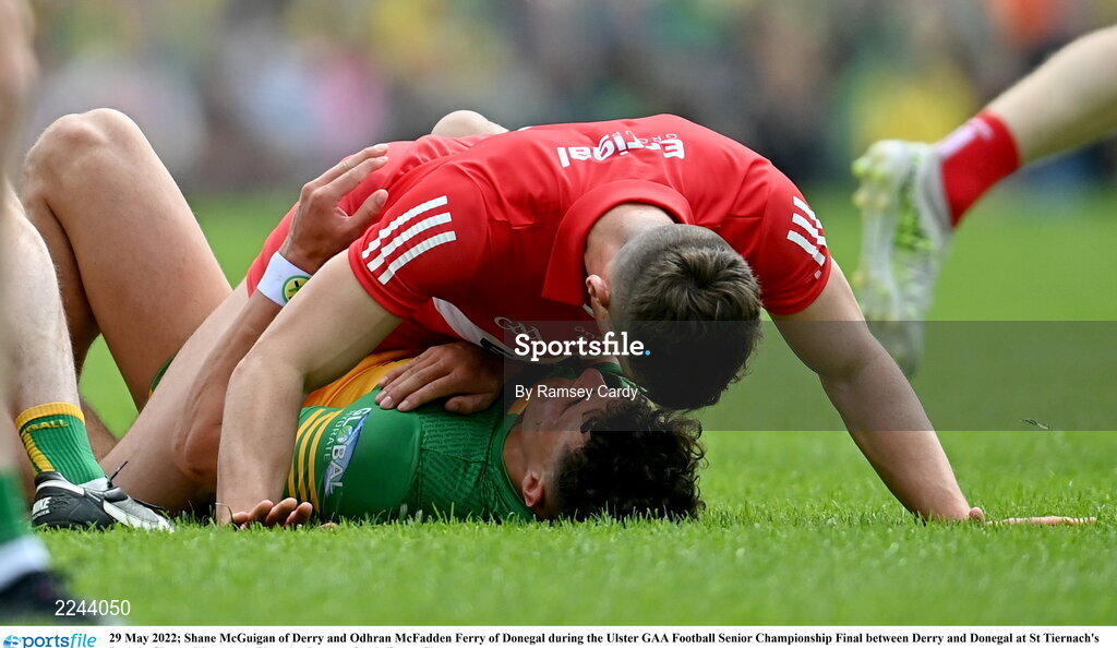29 May 2022; Shane McGuigan of Derry and Odhran McFadden Ferry of Donegal during the Ulster GAA Football Senior Championship Final between Derry and Donegal at St Tiernach's Park in Clones, Monaghan. Photo by Ramsey Cardy/Sportsfile