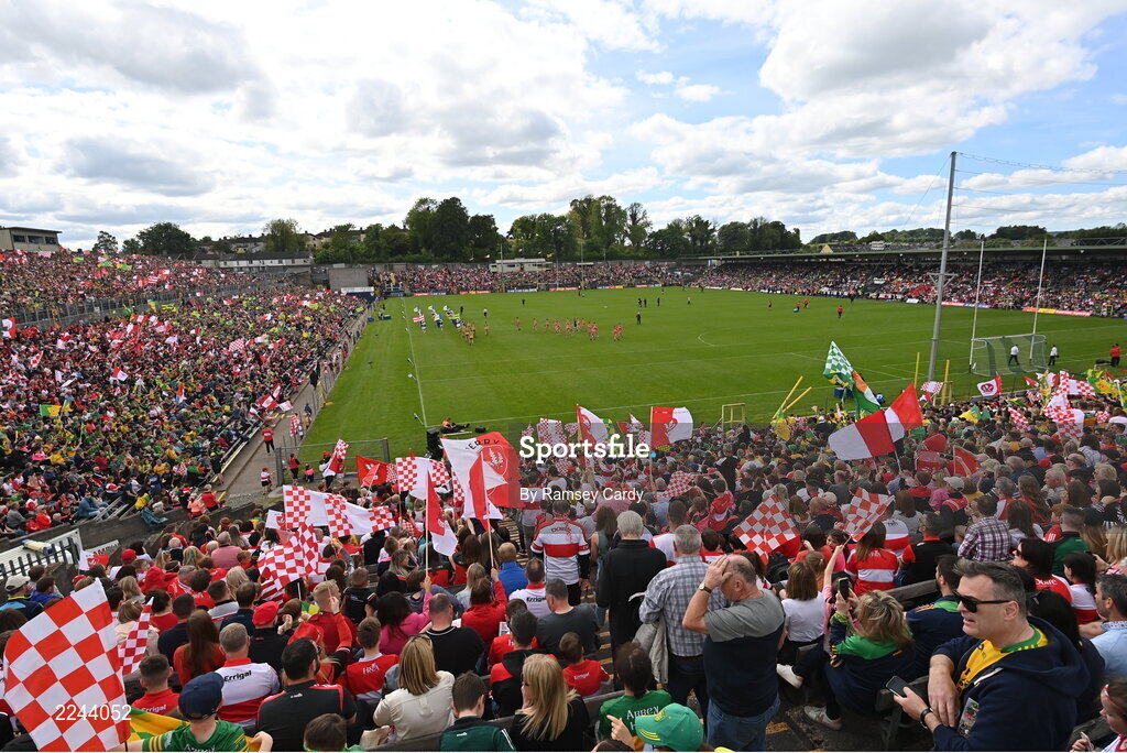 29 May 2022; A general view of the pre-match parade before the Ulster GAA Football Senior Championship Final between Derry and Donegal at St Tiernach's Park in Clones, Monaghan. Photo by Ramsey Cardy/Sportsfile