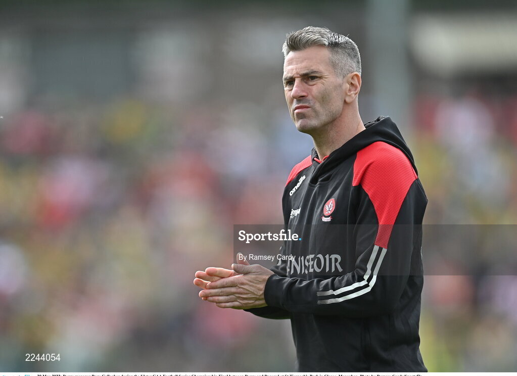 29 May 2022; Derry manager Rory Gallagher during the Ulster GAA Football Senior Championship Final between Derry and Donegal at St Tiernach's Park in Clones, Monaghan. Photo by Ramsey Cardy/Sportsfile