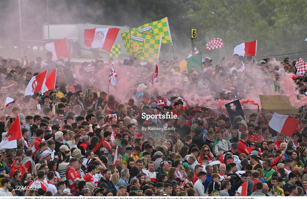 29 May 2022; Supporters during the Ulster GAA Football Senior Championship Final between Derry and Donegal at St Tiernach's Park in Clones, Monaghan. Photo by Ramsey Cardy/Sportsfile