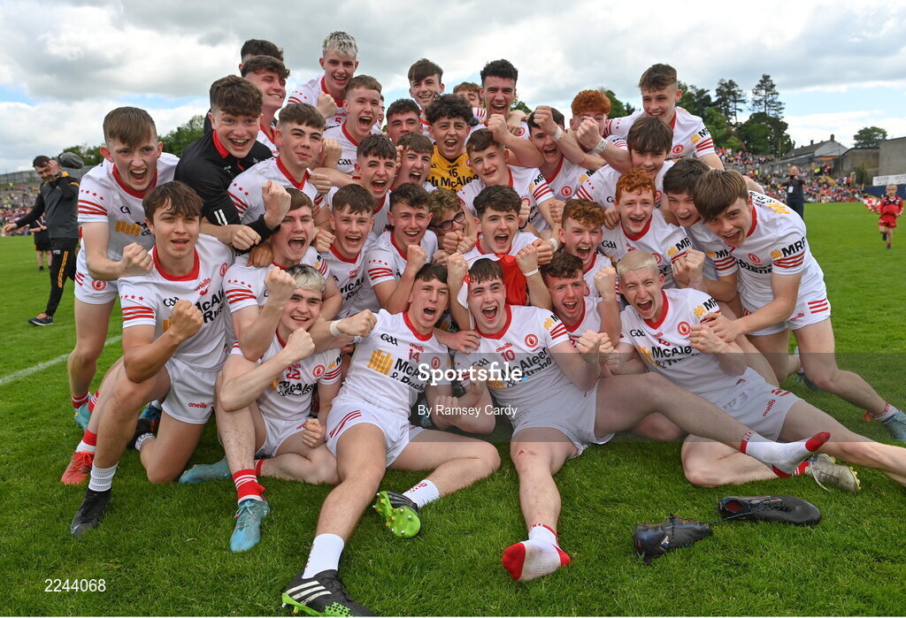 29 May 2022; The Tyrone team celebrate after their victory in the Electric Ireland Ulster GAA Football Minor Championship Final match between Derry and Tyrone at St Tiernach's Park in Clones, Monaghan. Photo by Ramsey Cardy/Sportsfile