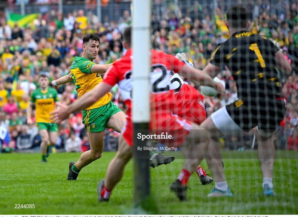 29 May 2022; Michael Langan of Donegal has a shot on goal during the Ulster GAA Football Senior Championship Final between Derry and Donegal at St Tiernach's Park in Clones, Monaghan. Photo by Stephen McCarthy/Sportsfile