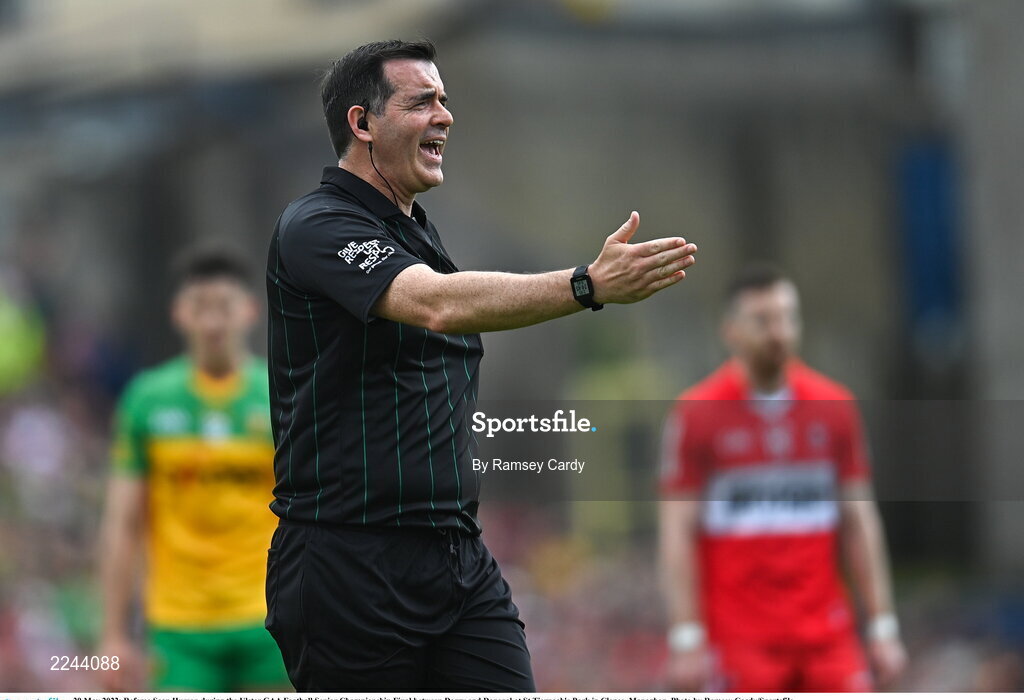 29 May 2022; Referee Sean Hurson during the Ulster GAA Football Senior Championship Final between Derry and Donegal at St Tiernach's Park in Clones, Monaghan. Photo by Ramsey Cardy/Sportsfile