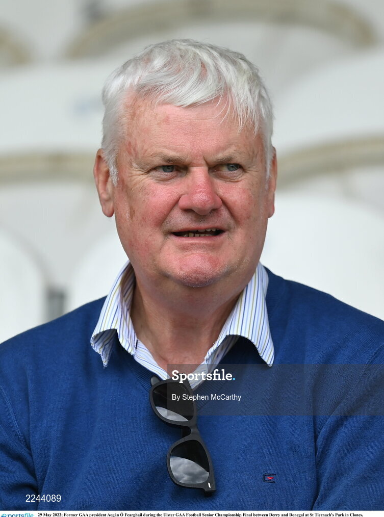 29 May 2022; Former GAA president Aogán Ó Fearghail during the Ulster GAA Football Senior Championship Final between Derry and Donegal at St Tiernach's Park in Clones, Monaghan. Photo by Stephen McCarthy/Sportsfile