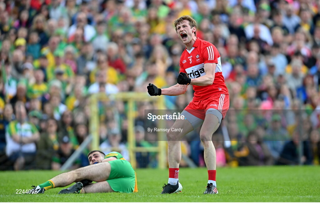 29 May 2022; Brendan Rogers of Derry celebrates after kicking a successful first half point during the Ulster GAA Football Senior Championship Final between Derry and Donegal at St Tiernach's Park in Clones, Monaghan. Photo by Ramsey Cardy/Sportsfile