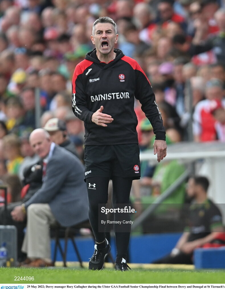 29 May 2022; Derry manager Rory Gallagher during the Ulster GAA Football Senior Championship Final between Derry and Donegal at St Tiernach's Park in Clones, Monaghan. Photo by Ramsey Cardy/Sportsfile