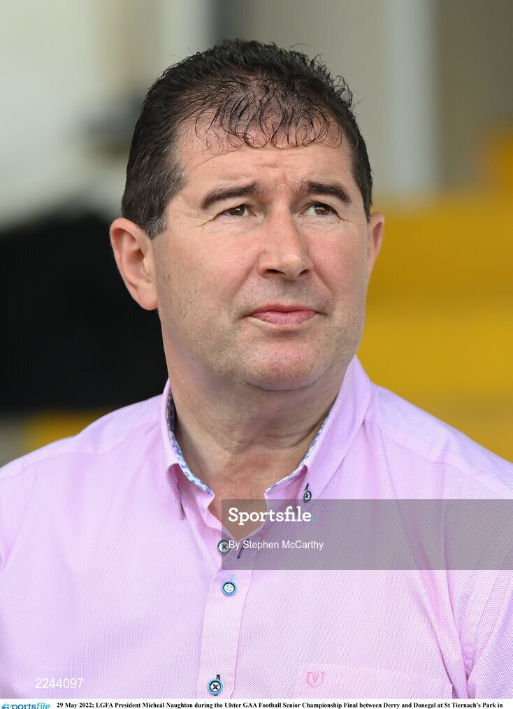 29 May 2022; LGFA President Mícheál Naughton during the Ulster GAA Football Senior Championship Final between Derry and Donegal at St Tiernach's Park in Clones, Monaghan. Photo by Stephen McCarthy/Sportsfile