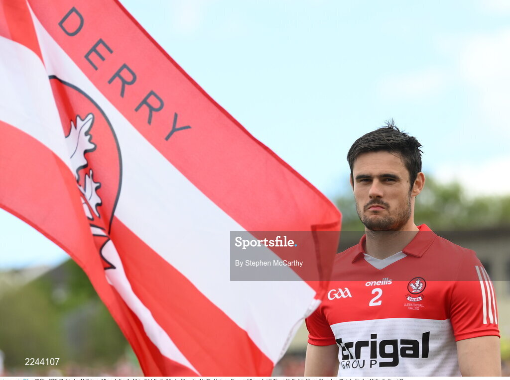 29 May 2022; Christopher McKaigue of Derry before the Ulster GAA Football Senior Championship Final between Derry and Donegal at St Tiernach's Park in Clones, Monaghan. Photo by Stephen McCarthy/Sportsfile