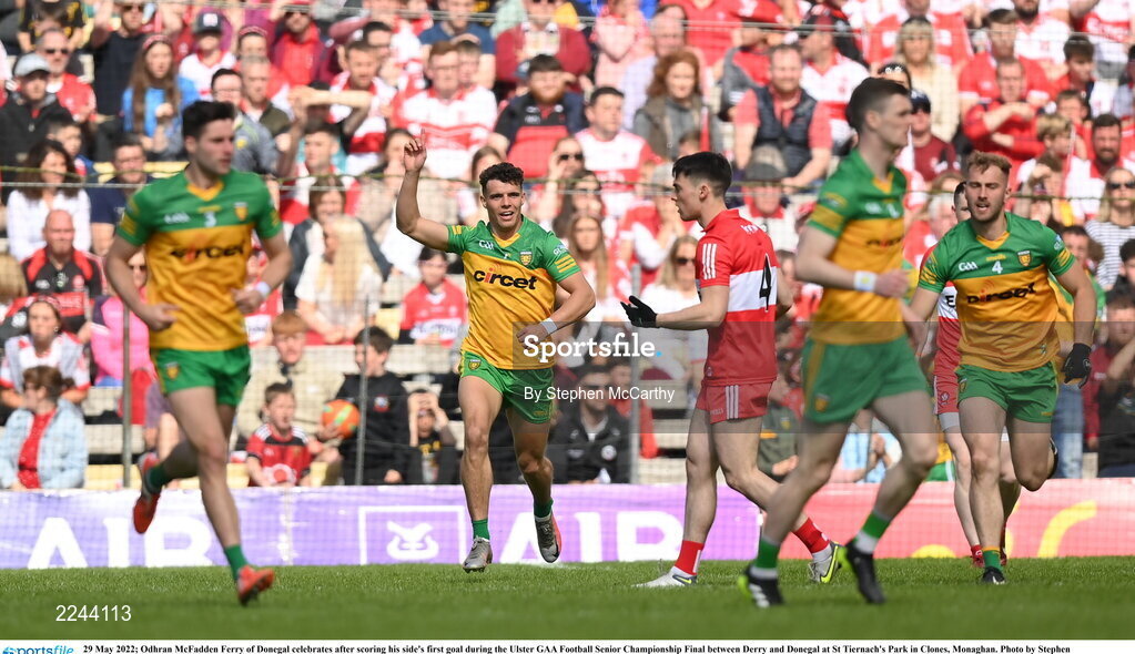 29 May 2022; Odhran McFadden Ferry of Donegal celebrates after scoring his side's first goal during the Ulster GAA Football Senior Championship Final between Derry and Donegal at St Tiernach's Park in Clones, Monaghan. Photo by Stephen McCarthy/Sportsfile