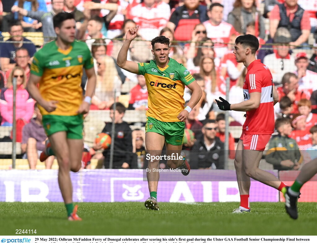 29 May 2022; Odhran McFadden Ferry of Donegal celebrates after scoring his side's first goal during the Ulster GAA Football Senior Championship Final between Derry and Donegal at St Tiernach's Park in Clones, Monaghan. Photo by Stephen McCarthy/Sportsfile