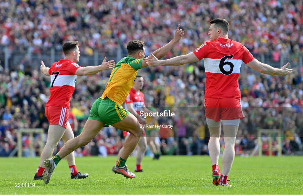 29 May 2022; Odhran McFadden Ferry of Donegal celebrates after scoring his side's first goal during the Ulster GAA Football Senior Championship Final between Derry and Donegal at St Tiernach's Park in Clones, Monaghan. Photo by Ramsey Cardy/Sportsfile