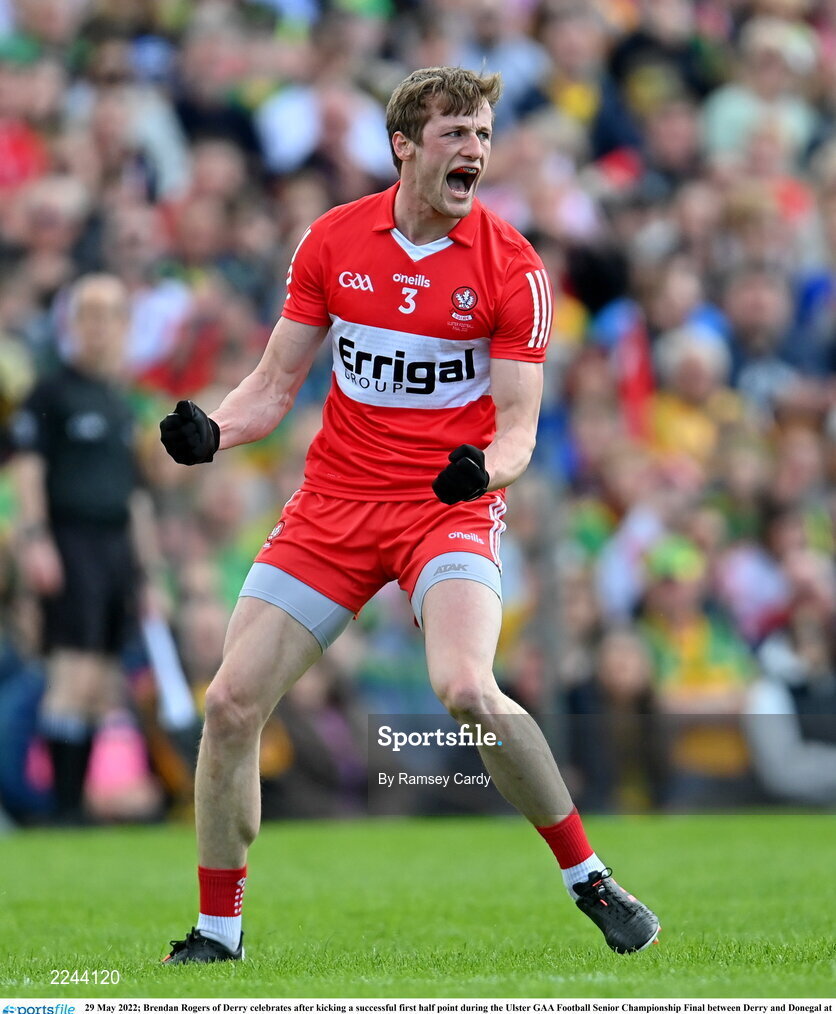 29 May 2022; Brendan Rogers of Derry celebrates after kicking a successful first half point during the Ulster GAA Football Senior Championship Final between Derry and Donegal at St Tiernach's Park in Clones, Monaghan. Photo by Ramsey Cardy/Sportsfile