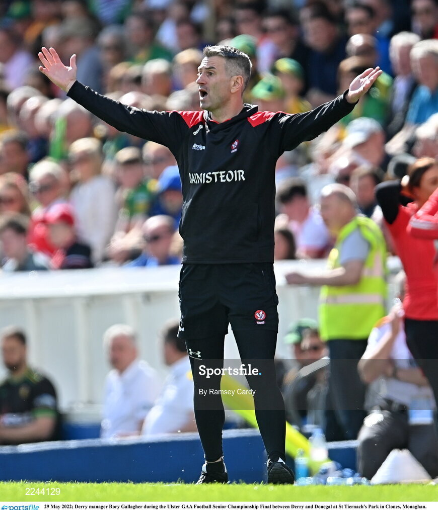 29 May 2022; Derry manager Rory Gallagher during the Ulster GAA Football Senior Championship Final between Derry and Donegal at St Tiernach's Park in Clones, Monaghan. Photo by Ramsey Cardy/Sportsfile