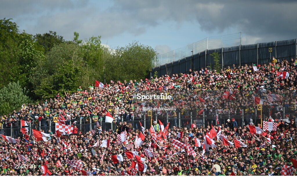29 May 2022; Derry and Donegal supporters during the Ulster GAA Football Senior Championship Final between Derry and Donegal at St Tiernach's Park in Clones, Monaghan. Photo by Stephen McCarthy/Sportsfile