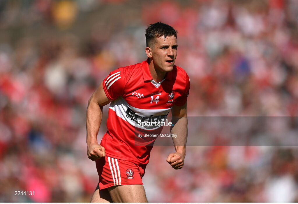 29 May 2022; Shane McGuigan of Derry celebrates a point during the Ulster GAA Football Senior Championship Final between Derry and Donegal at St Tiernach's Park in Clones, Monaghan. Photo by Stephen McCarthy/Sportsfile