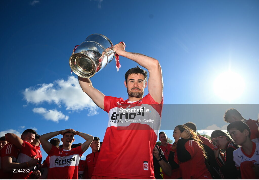 29 May 2022; Derry captain Christopher McKaigue celebrates with the Anglo Celt Cup after the Ulster GAA Football Senior Championship Final between Derry and Donegal at St Tiernach's Park in Clones, Monaghan. Photo by Stephen McCarthy/Sportsfile