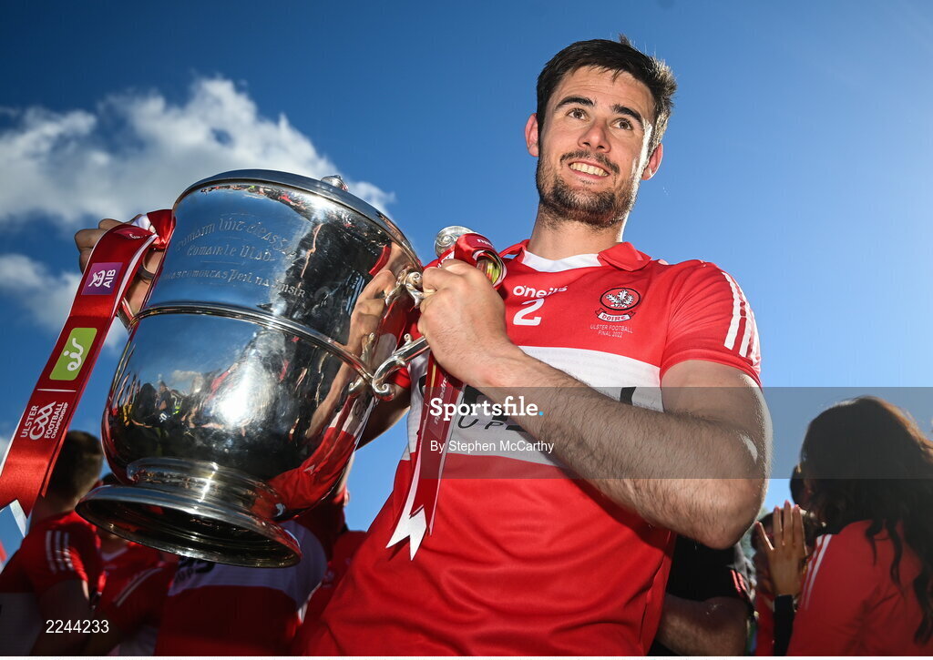 29 May 2022; Derry captain Christopher McKaigue celebrates with the Anglo Celt Cup after the Ulster GAA Football Senior Championship Final between Derry and Donegal at St Tiernach's Park in Clones, Monaghan. Photo by Stephen McCarthy/Sportsfile