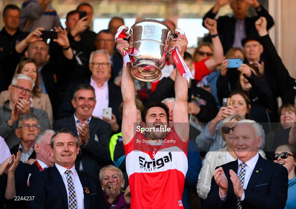 29 May 2022; Derry captain Christopher McKaigue lifts the Anglo Celt Cup after the Ulster GAA Football Senior Championship Final between Derry and Donegal at St Tiernach's Park in Clones, Monaghan. Photo by Stephen McCarthy/Sportsfile