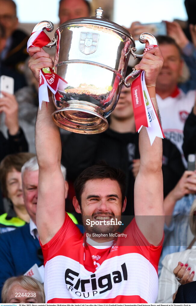 29 May 2022; Derry captain Christopher McKaigue lifts the Anglo Celt Cup after the Ulster GAA Football Senior Championship Final between Derry and Donegal at St Tiernach's Park in Clones, Monaghan. Photo by Stephen McCarthy/Sportsfile