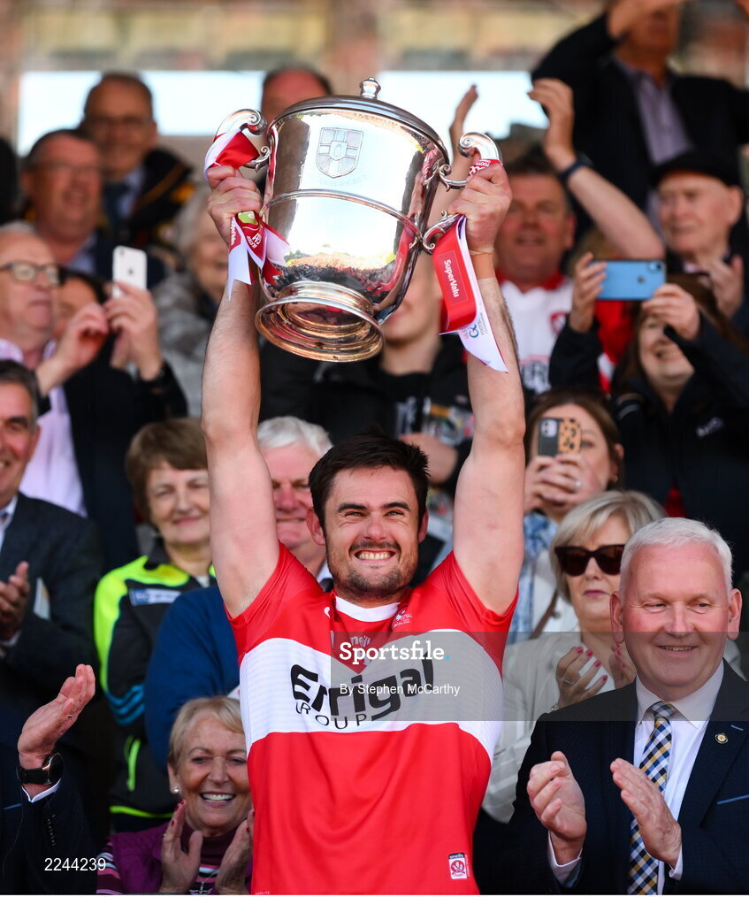 29 May 2022; Derry captain Christopher McKaigue lifts the Anglo Celt Cup after the Ulster GAA Football Senior Championship Final between Derry and Donegal at St Tiernach's Park in Clones, Monaghan. Photo by Stephen McCarthy/Sportsfile