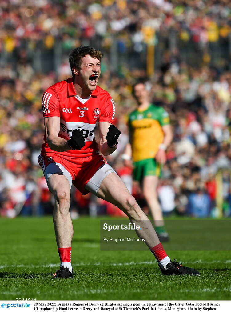 29 May 2022; Brendan Rogers of Derry celebrates scoring a point in extra-time of the Ulster GAA Football Senior Championship Final between Derry and Donegal at St Tiernach's Park in Clones, Monaghan. Photo by Stephen McCarthy/Sportsfile