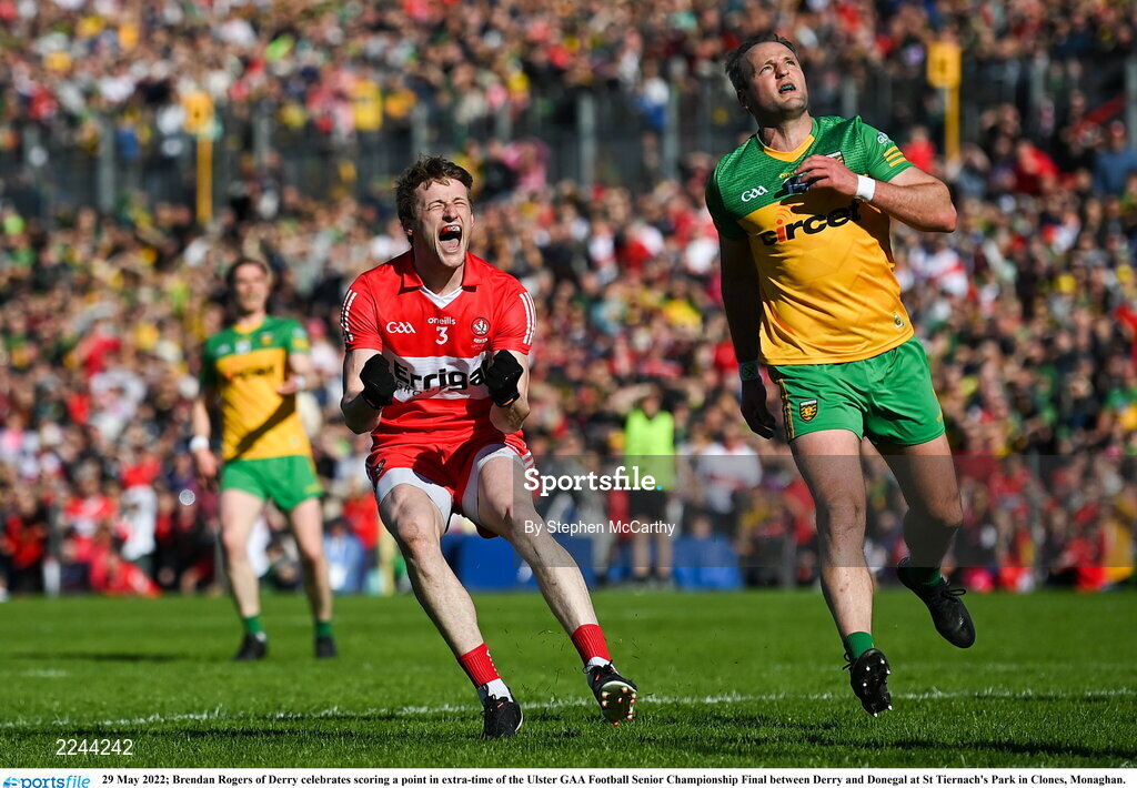 29 May 2022; Brendan Rogers of Derry celebrates scoring a point in extra-time of the Ulster GAA Football Senior Championship Final between Derry and Donegal at St Tiernach's Park in Clones, Monaghan. Photo by Stephen McCarthy/Sportsfile