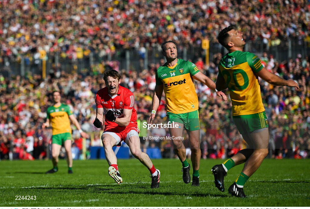 29 May 2022; Brendan Rogers of Derry celebrates scoring a point in extra-time of the Ulster GAA Football Senior Championship Final between Derry and Donegal at St Tiernach's Park in Clones, Monaghan. Photo by Stephen McCarthy/Sportsfile