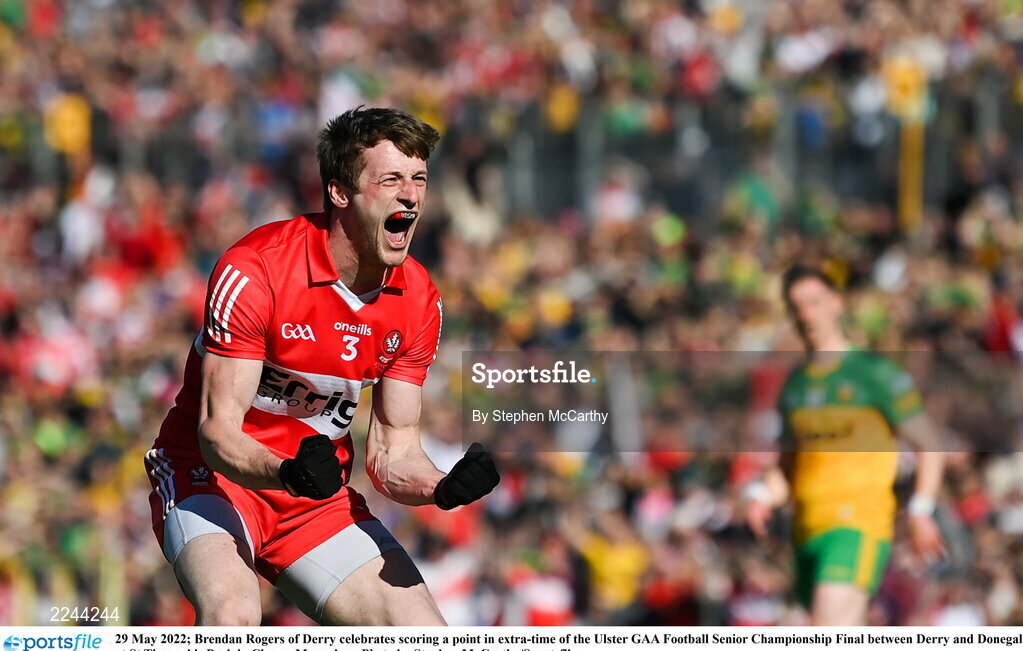 29 May 2022; Brendan Rogers of Derry celebrates scoring a point in extra-time of the Ulster GAA Football Senior Championship Final between Derry and Donegal at St Tiernach's Park in Clones, Monaghan. Photo by Stephen McCarthy/Sportsfile