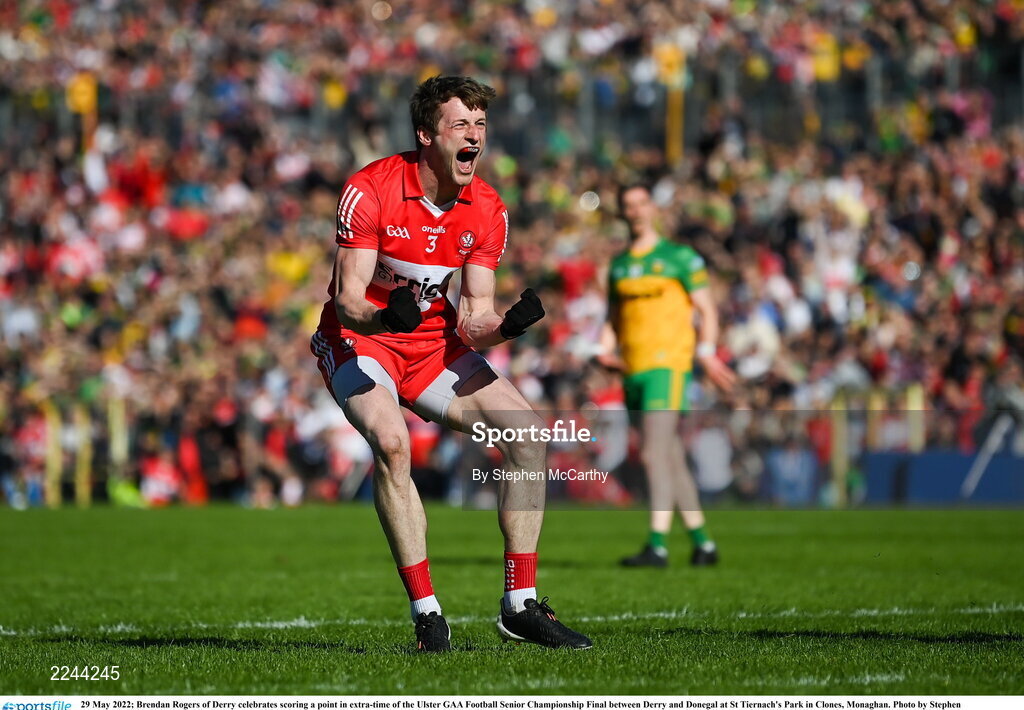 29 May 2022; Brendan Rogers of Derry celebrates scoring a point in extra-time of the Ulster GAA Football Senior Championship Final between Derry and Donegal at St Tiernach's Park in Clones, Monaghan. Photo by Stephen McCarthy/Sportsfile