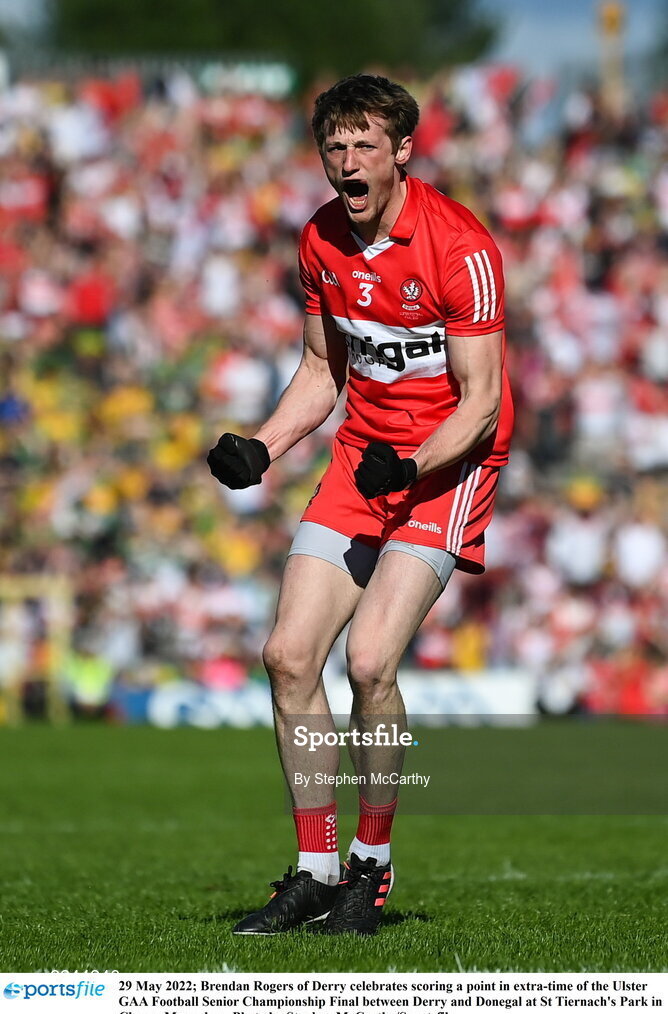 29 May 2022; Brendan Rogers of Derry celebrates scoring a point in extra-time of the Ulster GAA Football Senior Championship Final between Derry and Donegal at St Tiernach's Park in Clones, Monaghan. Photo by Stephen McCarthy/Sportsfile