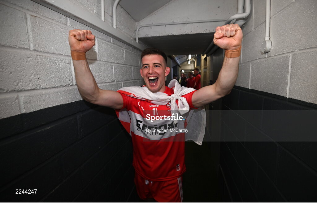 29 May 2022; Shea Downey of Derry celebrates after the Ulster GAA Football Senior Championship Final between Derry and Donegal at St Tiernach's Park in Clones, Monaghan. Photo by Stephen McCarthy/Sportsfile
