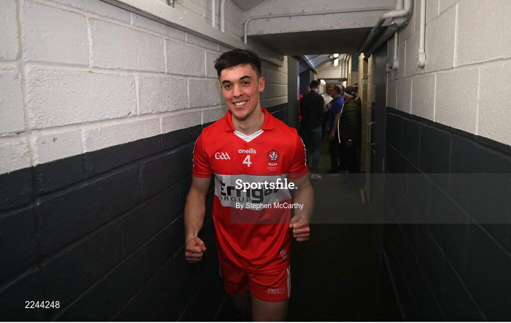 29 May 2022; Conor McCluskey of Derry celebrates after the Ulster GAA Football Senior Championship Final between Derry and Donegal at St Tiernach's Park in Clones, Monaghan. Photo by Stephen McCarthy/Sportsfile