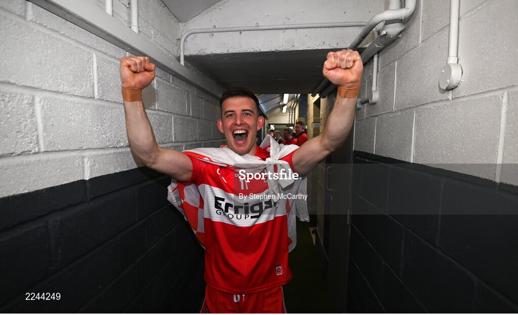 29 May 2022; Shea Downey of Derry celebrates after the Ulster GAA Football Senior Championship Final between Derry and Donegal at St Tiernach's Park in Clones, Monaghan. Photo by Stephen McCarthy/Sportsfile