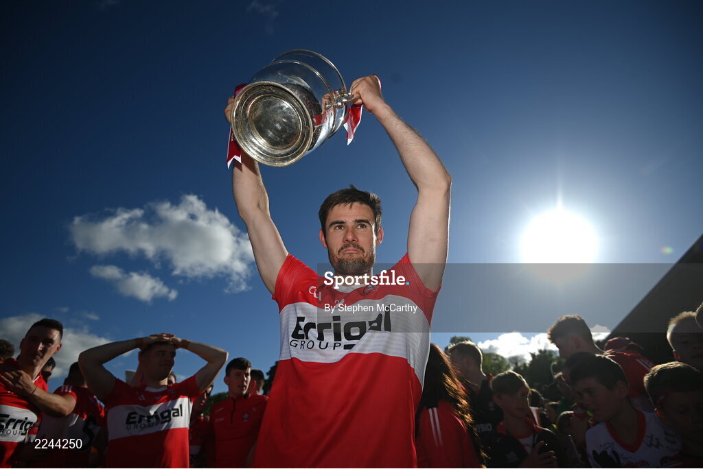 29 May 2022; Christopher McKaigue of Derry celebrates with the Anglo Celt Cup after the Ulster GAA Football Senior Championship Final between Derry and Donegal at St Tiernach's Park in Clones, Monaghan. Photo by Stephen McCarthy/Sportsfile