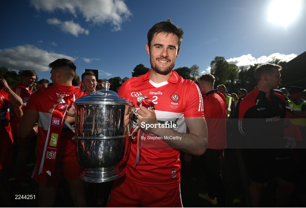 29 May 2022; Derry captain Christopher McKaigue celebrates with the Anglo Celt Cup after the Ulster GAA Football Senior Championship Final between Derry and Donegal at St Tiernach's Park in Clones, Monaghan. Photo by Stephen McCarthy/Sportsfile