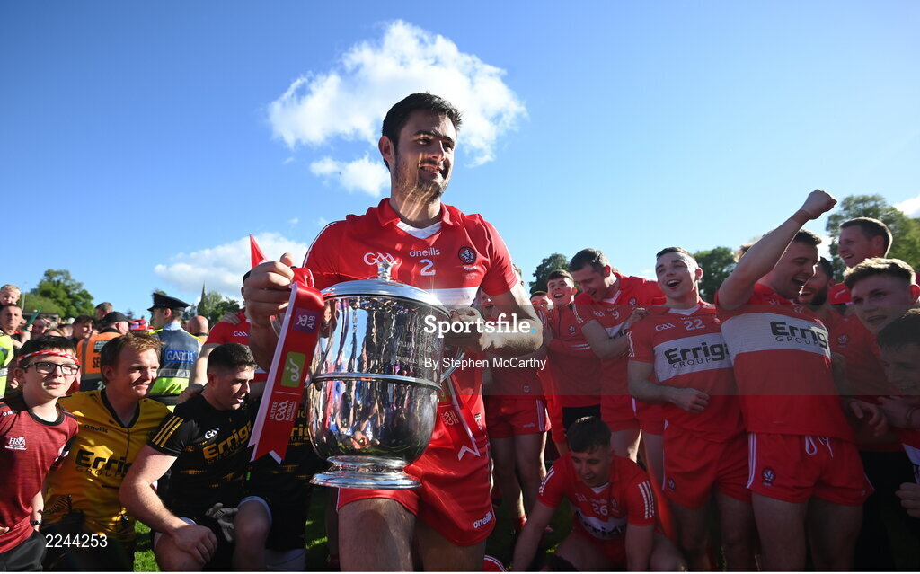 29 May 2022; Derry captain Christopher McKaigue celebrates with the Anglo Celt Cup after the Ulster GAA Football Senior Championship Final between Derry and Donegal at St Tiernach's Park in Clones, Monaghan. Photo by Stephen McCarthy/Sportsfile