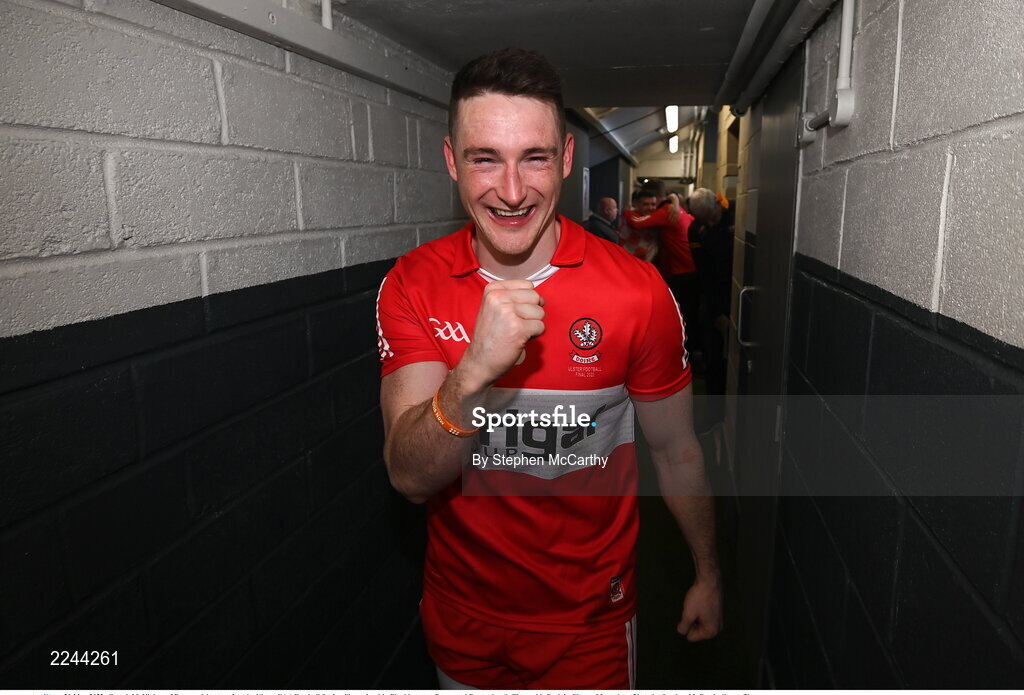 29 May 2022; Gareth McKinless of Derry celebrates after the Ulster GAA Football Senior Championship Final between Derry and Donegal at St Tiernach's Park in Clones, Monaghan. Photo by Stephen McCarthy/Sportsfile