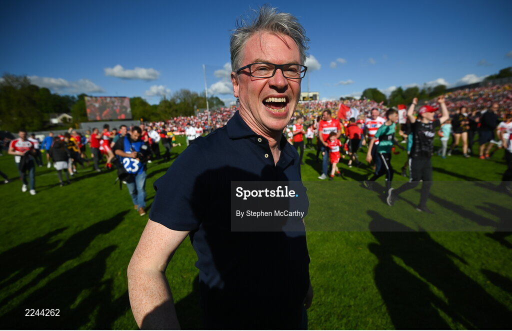 29 May 2022; Former Derry footballer Joe Brolly celebrates on the pitch after the Ulster GAA Football Senior Championship Final between Derry and Donegal at St Tiernach's Park in Clones, Monaghan. Photo by Stephen McCarthy/Sportsfile