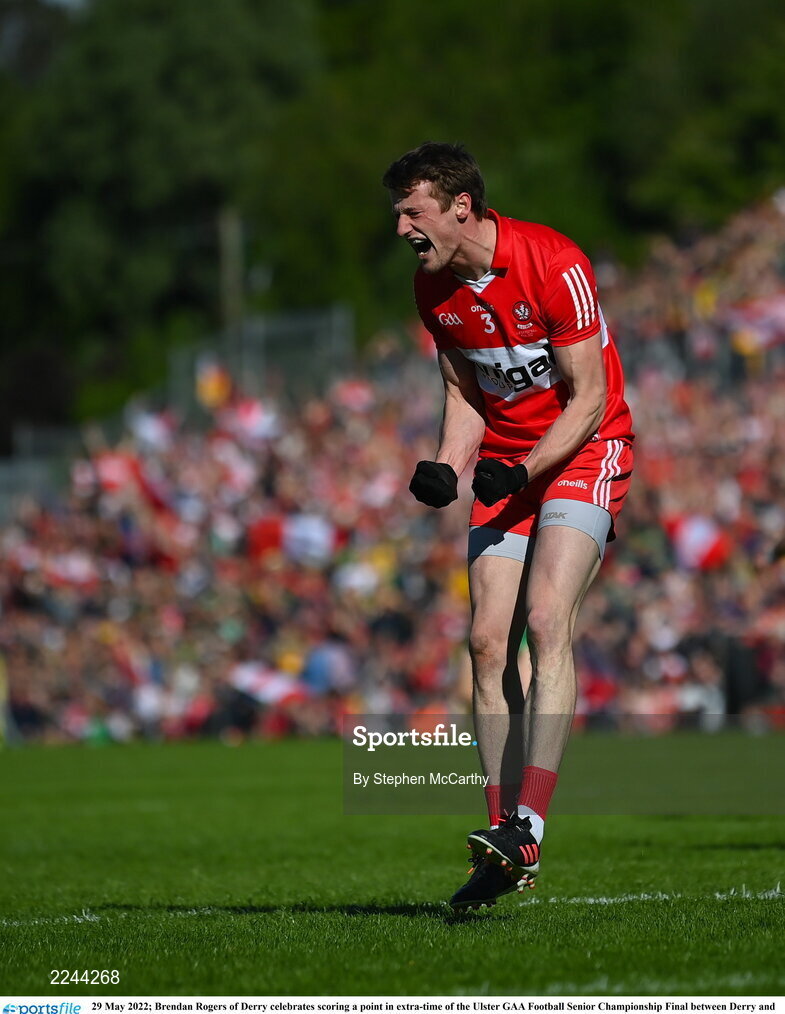 29 May 2022; Brendan Rogers of Derry celebrates scoring a point in extra-time of the Ulster GAA Football Senior Championship Final between Derry and Donegal at St Tiernach's Park in Clones, Monaghan. Photo by Stephen McCarthy/Sportsfile