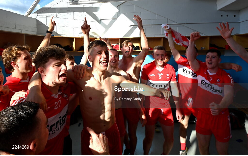 29 May 2022; Derry players celebrate in the dressing room after the Ulster GAA Football Senior Championship Final between Derry and Donegal at St Tiernach's Park in Clones, Monaghan. Photo by Ramsey Cardy/Sportsfile