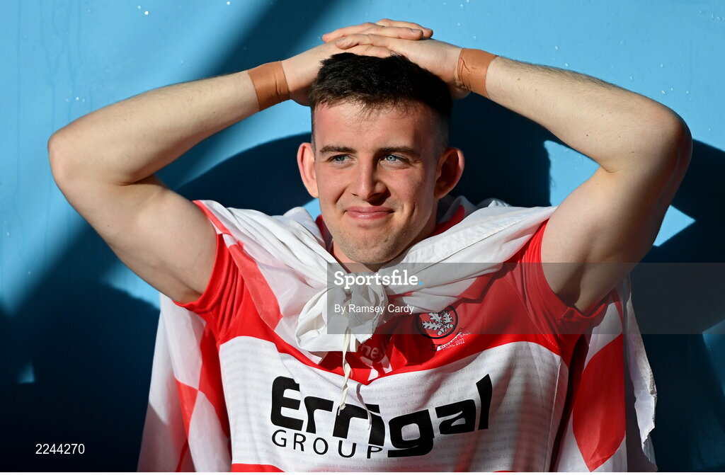 29 May 2022; Shea Downey of Derry in the dressing room after the Ulster GAA Football Senior Championship Final between Derry and Donegal at St Tiernach's Park in Clones, Monaghan. Photo by Ramsey Cardy/Sportsfile