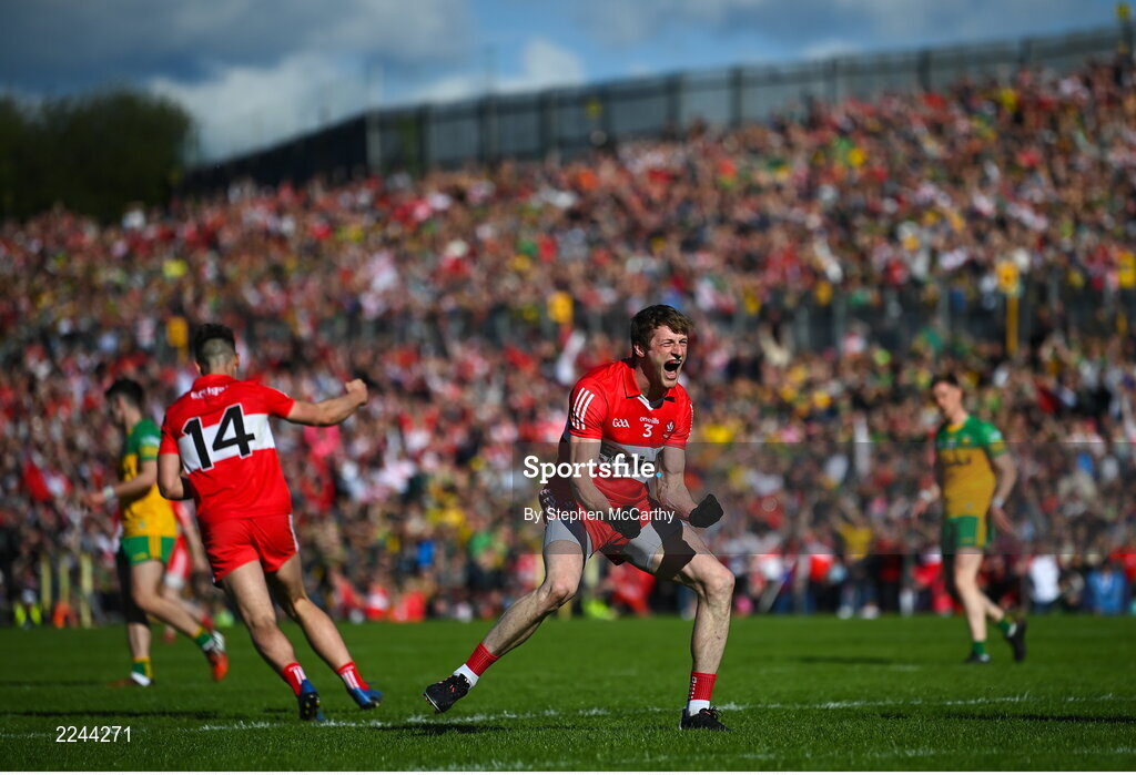 29 May 2022; Brendan Rogers of Derry celebrates scoring a point in extra-time of the Ulster GAA Football Senior Championship Final between Derry and Donegal at St Tiernach's Park in Clones, Monaghan. Photo by Stephen McCarthy/Sportsfile