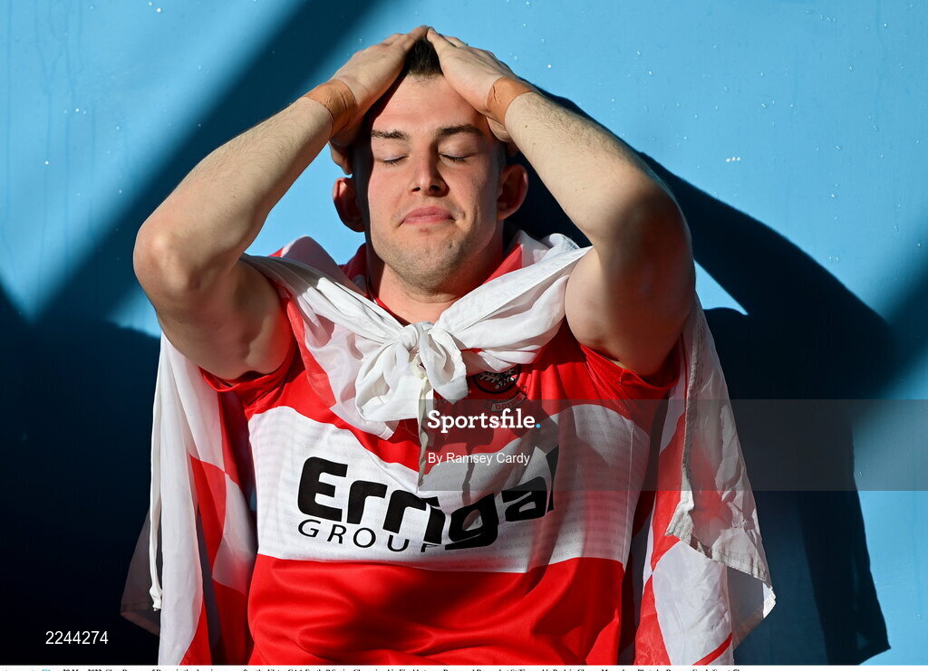 29 May 2022; Shea Downey of Derry in the dressing room after the Ulster GAA Football Senior Championship Final between Derry and Donegal at St Tiernach's Park in Clones, Monaghan. Photo by Ramsey Cardy/Sportsfile