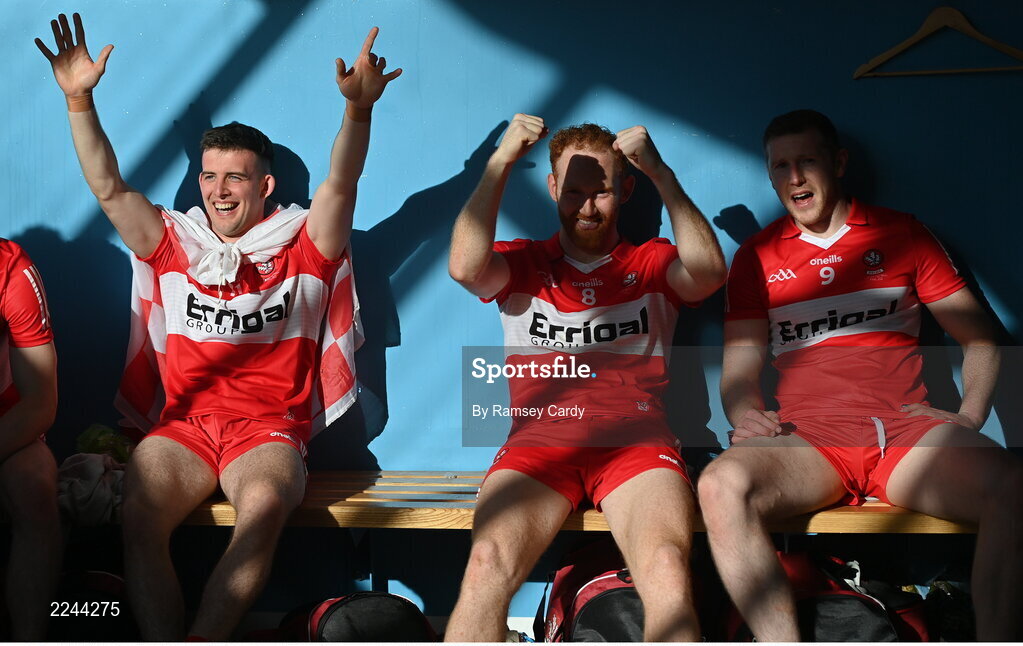29 May 2022; Derry players, from left, Shea Downey, Conor Glass and Emmett Bradley in the dressing room after the Ulster GAA Football Senior Championship Final between Derry and Donegal at St Tiernach's Park in Clones, Monaghan. Photo by Ramsey Cardy/Sportsfile