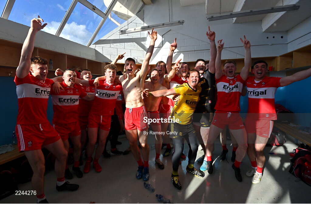 29 May 2022; Derry players celebrate in the dressing room after the Ulster GAA Football Senior Championship Final between Derry and Donegal at St Tiernach's Park in Clones, Monaghan. Photo by Ramsey Cardy/Sportsfile