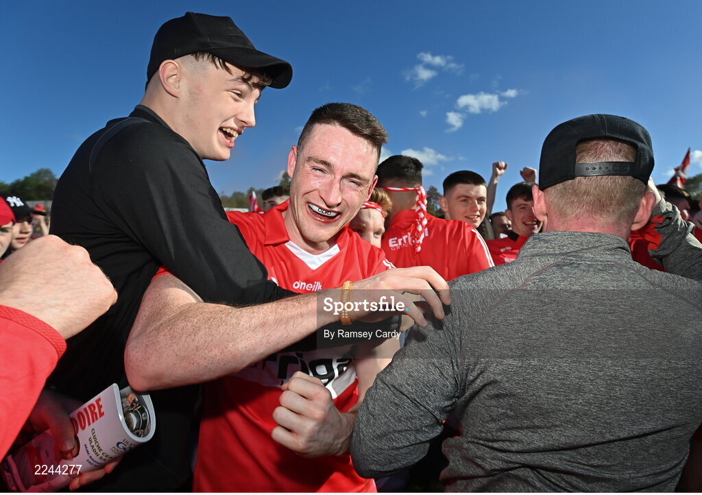 29 May 2022; Gareth McKinless of Derry celebrates after the Ulster GAA Football Senior Championship Final between Derry and Donegal at St Tiernach's Park in Clones, Monaghan. Photo by Ramsey Cardy/Sportsfile