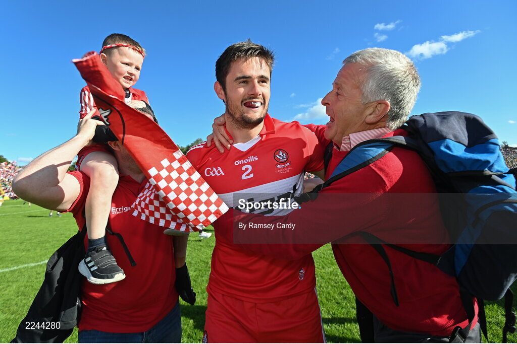 29 May 2022; Christopher McKaigue of Derry celebrates with supporters after the Ulster GAA Football Senior Championship Final between Derry and Donegal at St Tiernach's Park in Clones, Monaghan. Photo by Ramsey Cardy/Sportsfile