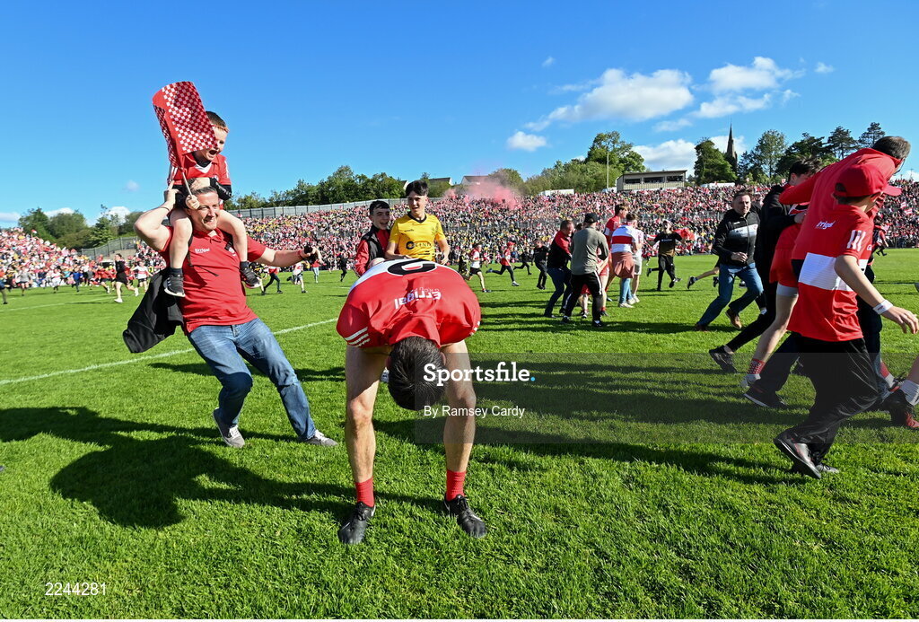 29 May 2022; Christopher McKaigue of Derry celebrates after the Ulster GAA Football Senior Championship Final between Derry and Donegal at St Tiernach's Park in Clones, Monaghan. Photo by Ramsey Cardy/Sportsfile